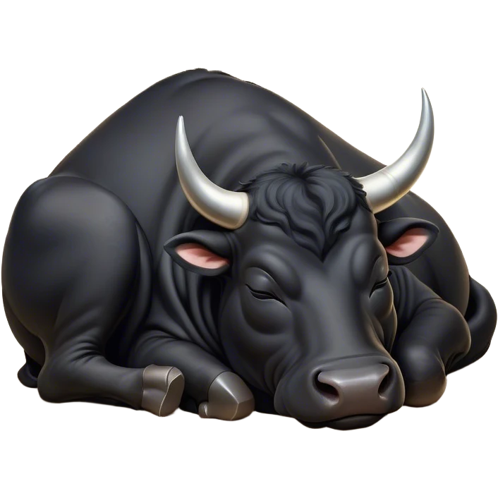 Meme-Worthy Cute Sleeping Black Bull Portrait Emoji, Head resting peacefully with a contented smile, showcasing a robust, massive build and a luxuriously soft pure black hide, eyes shut in a serene, restful nap, Simplified yet hilariously adorable features, highly detailed, glowing with a soft, drowsy light, high shine, relaxed and utterly lovable, stylized with an air of playful laziness, bright and heartwarming, soft glowing outline, capturing the essence of a comically sleepy guardian, so meme-worthy it feels like it could instantly become the next viral sensation of adorable slumber! emoji