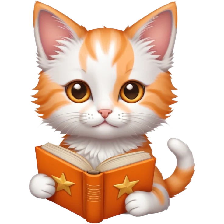 A kitten holding a book with stars in its eyes emoji
