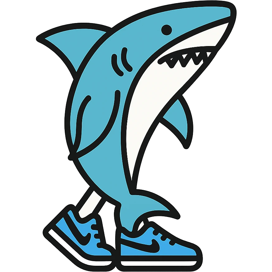 shark sporting blue Nike shoes, icon style, flat, minimal, easily recognizable emoji