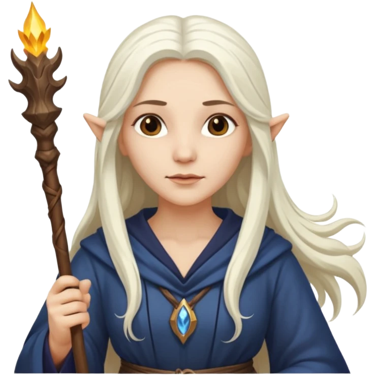 White Long Haired Women, Sorceress with staff — flowing white hair, calm face. emoji