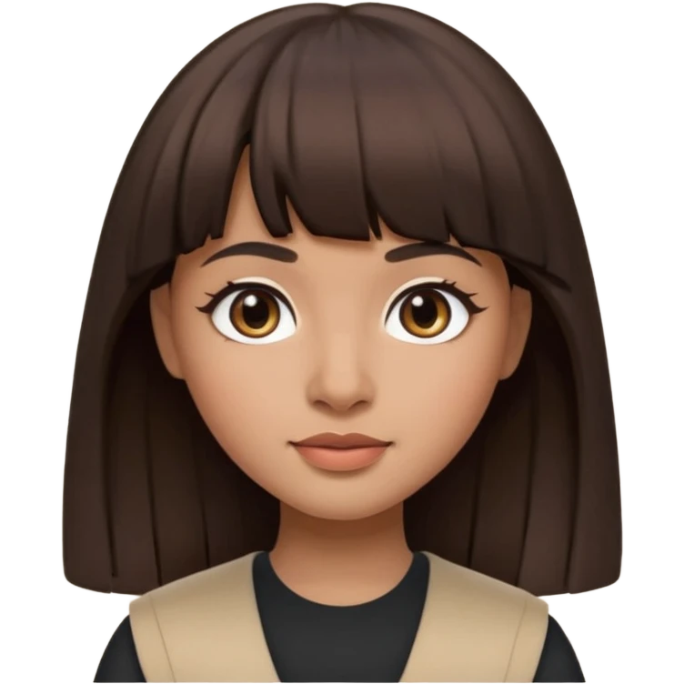 In Apple Memoji format, a girl with dark brown hair. She has bangs and her hair is long. The girl has light brown skin and arab ethnic features emoji