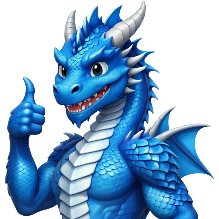 Humanoid blue dragon, smiling with a thumbs up emoji