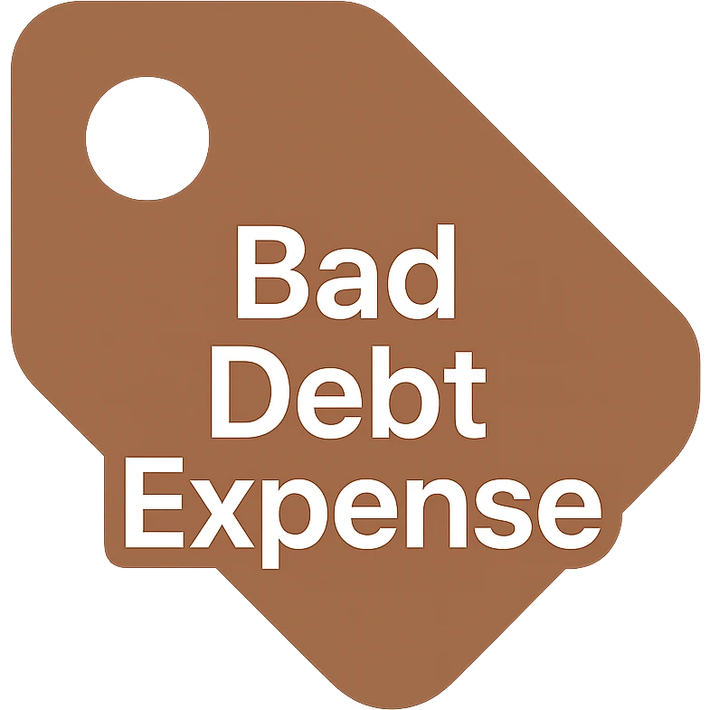 brown price tag icon with 'bad debt expense' written in white text, simple and professional emoji
