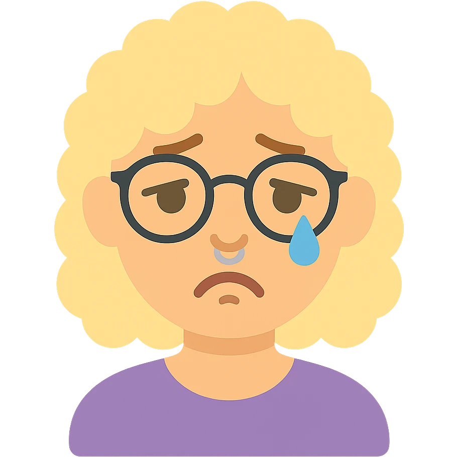 female human with light skin, blond curly hair, glasses, nose piercing, lip piercing, sad expression emoji