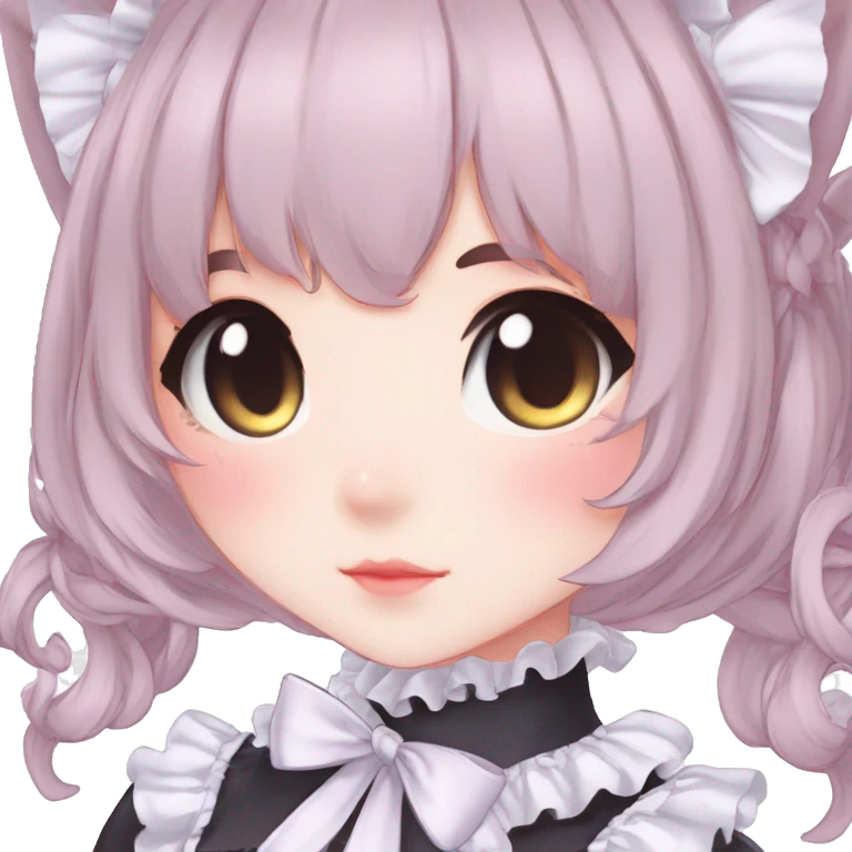 Gorgeous anime style catgirl with blushing face with maid outfit laces gothic Lolita idol model kawaiicore pastelcore cottagecore pearly petite simplistic aesthetic trending style emoji