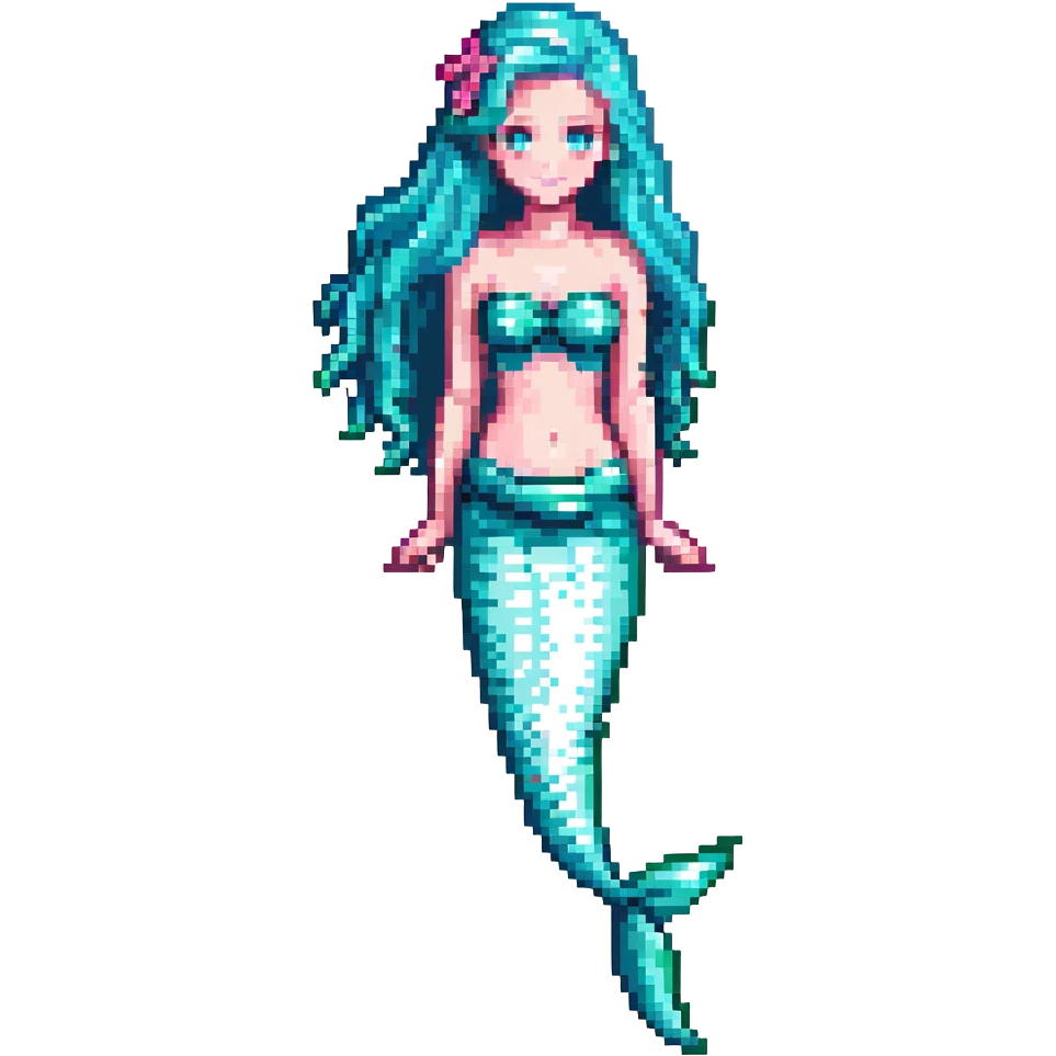 full length mermaid with pink hair, blue eyes, turquoise green tail emoji