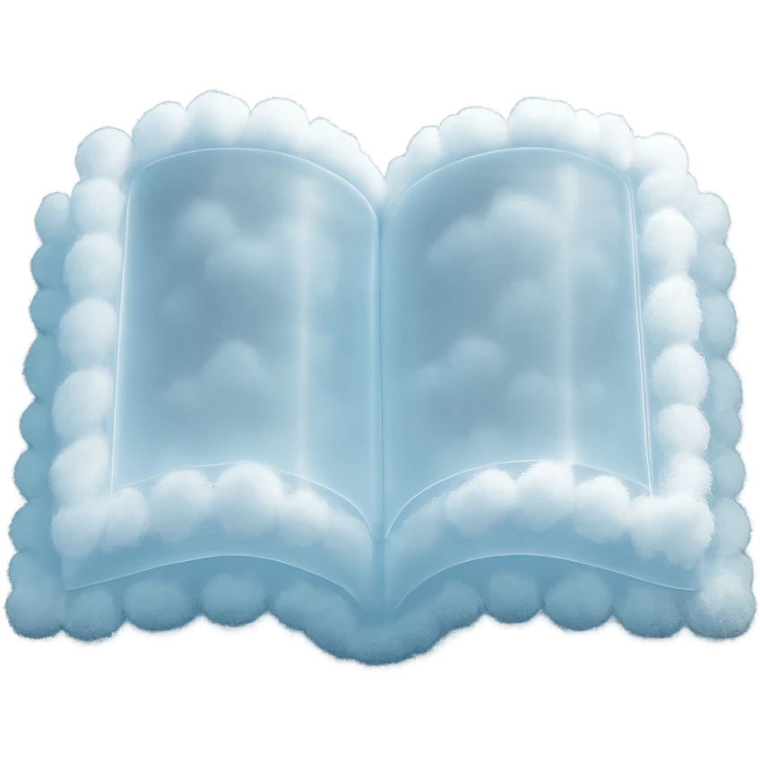 open book top view, fully made of small bright white fluffy clouds, matte glass style emoji