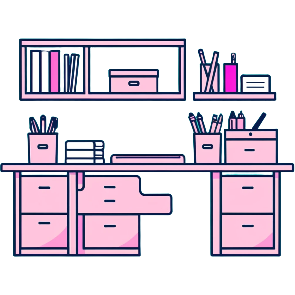 pink office desk with supplies emoji