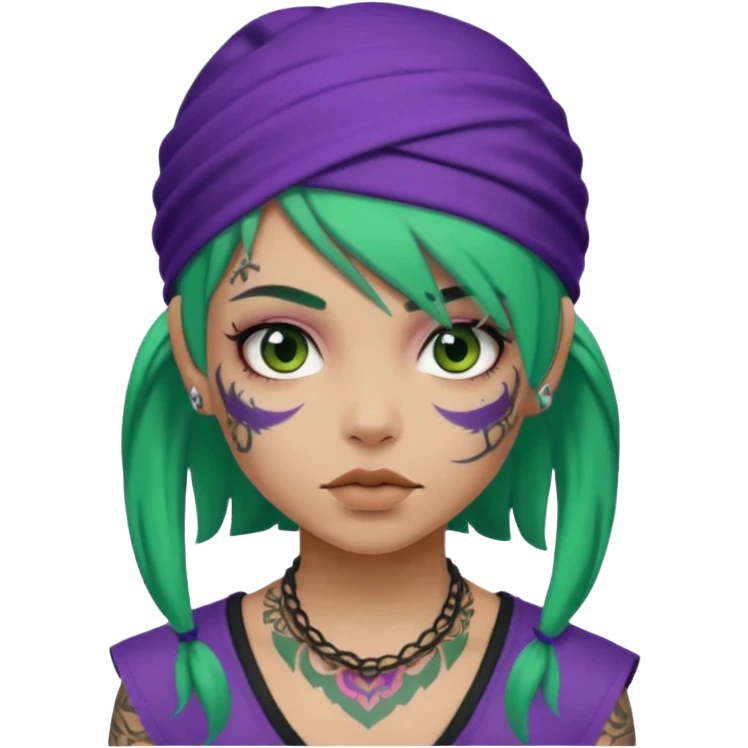 green hair with purple head bandana and lots of face tattoo girl emoji