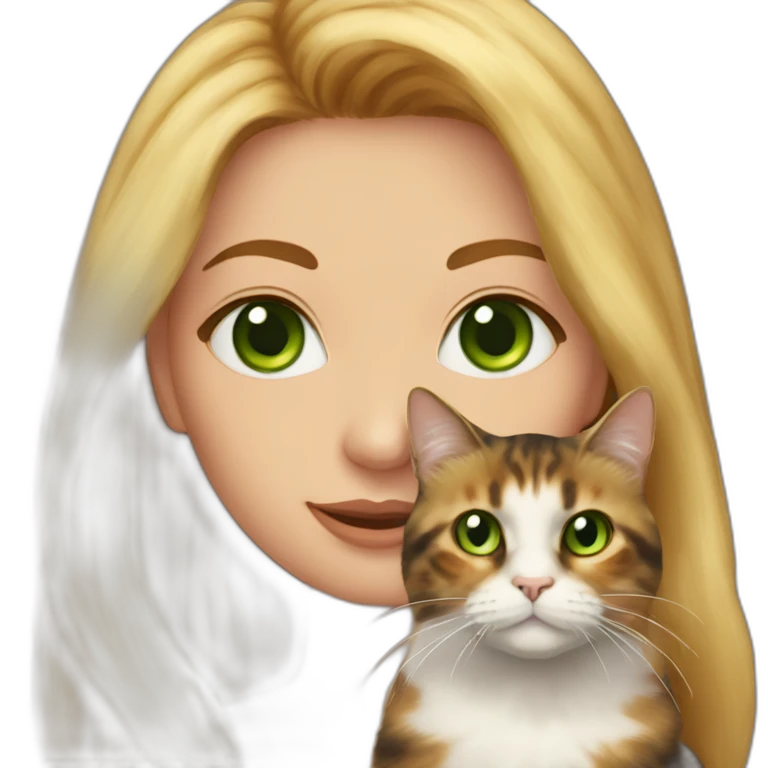 woman with green eyes and long blonde hair is holding a very fluffy and fat tortoiseshell cat emoji