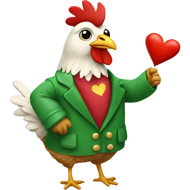 Chicken using a red and green jacket with lovely hearts around emoji