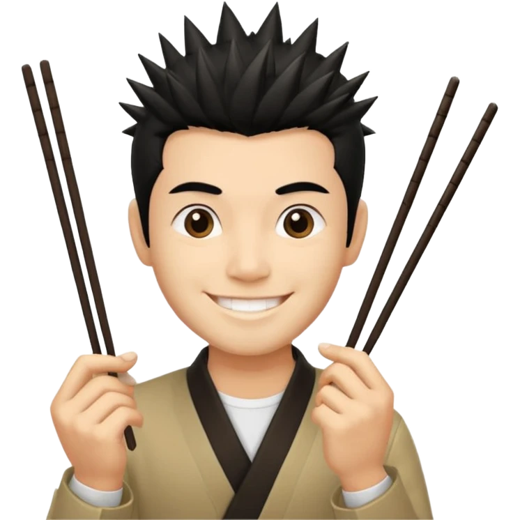 Make it a vietnamese male with spiky black hair hold a pair of chopsticks emoji
