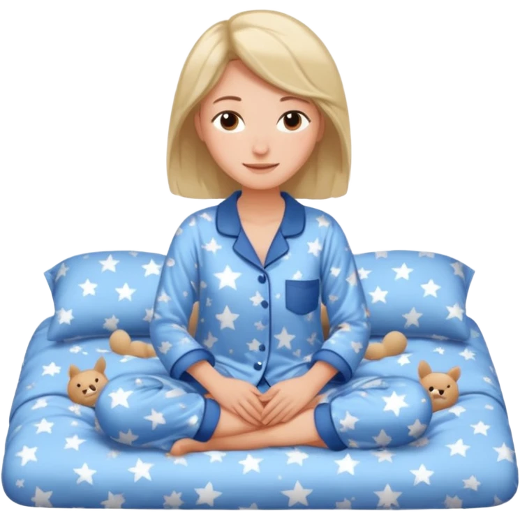 {
      "type": "human",
      "look": "woman in star-print pyjamas, soft blue set, sleepy smile",
      "description": "a woman in soft blue star-print pyjamas smiling sleepily"
    } emoji