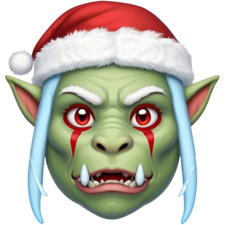 Fantasy orc emoji portrait, Santa Claus hat stretched around tusks, tusks covered with ice and crimson frost cracks, cold predator expression, winter hunt atmosphere, minimal clean emoji design, female variant
 emoji