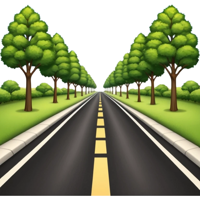 A long horizontal road (without lines) with trees and bushes on the sides and behind emoji
