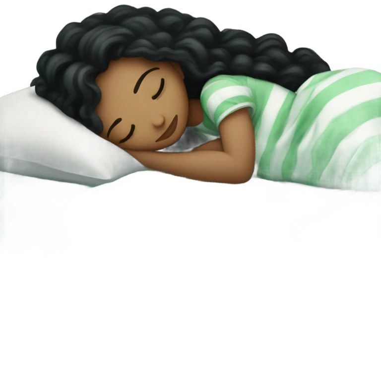 white girl with long curly black hair sleeping in a bed with faded green striped comforters emoji