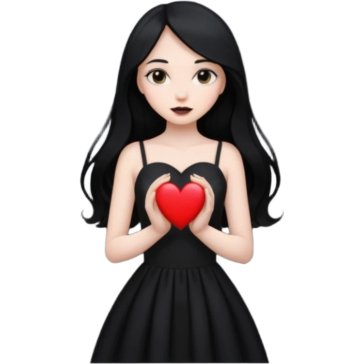 Pale girl with long black hair and black dress with holding black heart emoji
