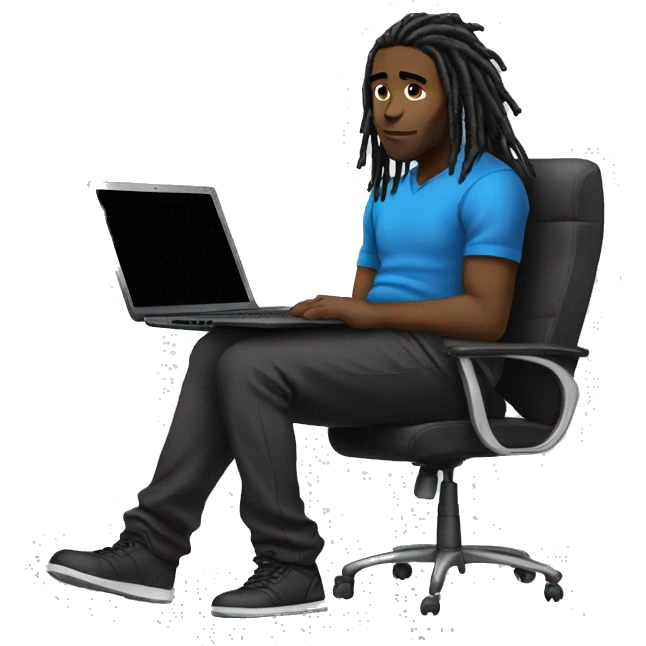 Black-guy-with-dreads-wearing-black-trackstuit-sitting-down-on-chair facing-foward-focused-on-laptop-computer- emoji