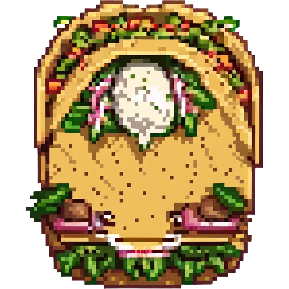 pixel art of a hard shell taco with the opening facing forward, pink shell, filled with lettuce, shredded yellow cheese, sliced jalapenos, brown ground beef, and a dab of sour cream emoji