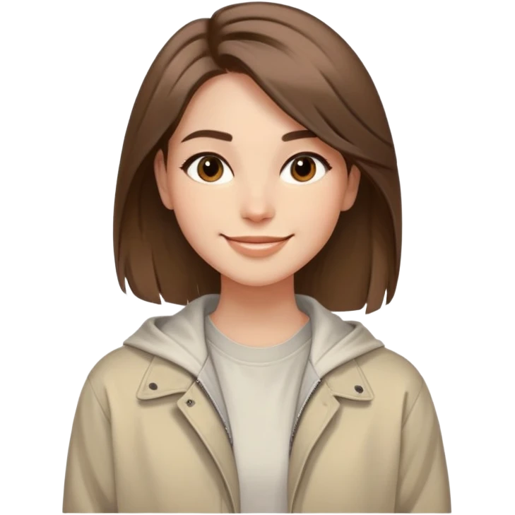 smiling face with soft straight brown hair swept to one side, warm and creative eyes, wearing neutral-toned aesthetic clothing including light oversized jacket and artistic tee, expression conveys positive energy style and originality emoji