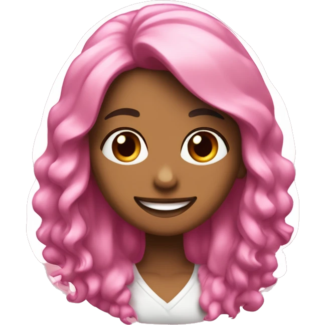 Una chica morena con el pelo largo y flequillo sonriendo y con su perro con un lazo rosa en la cabe emoji