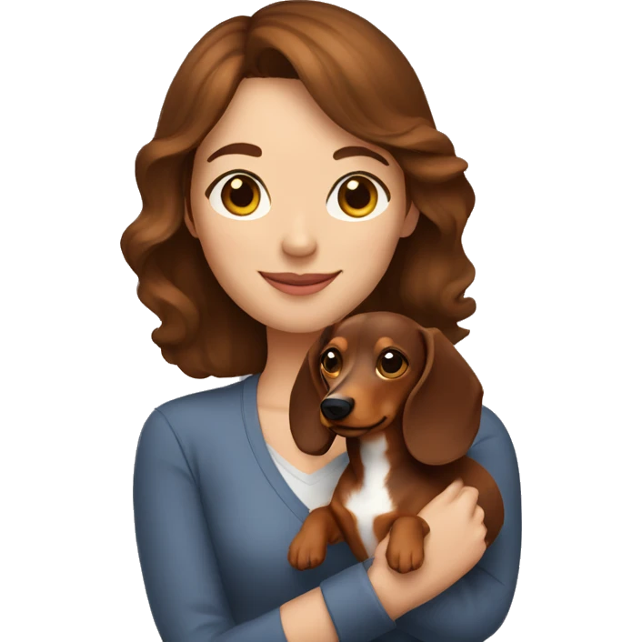 A woman with shoulder length brown hair holding a dachshund  emoji