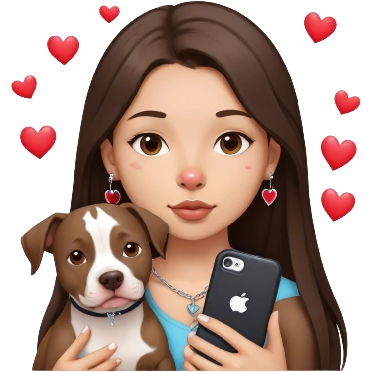 Young girl with long dark brown layered hair hair sits with her one dog who is a pretty girl pitbull with her cell phone in her hand in a small septum ring in her nose was hearts flying all around her emoji