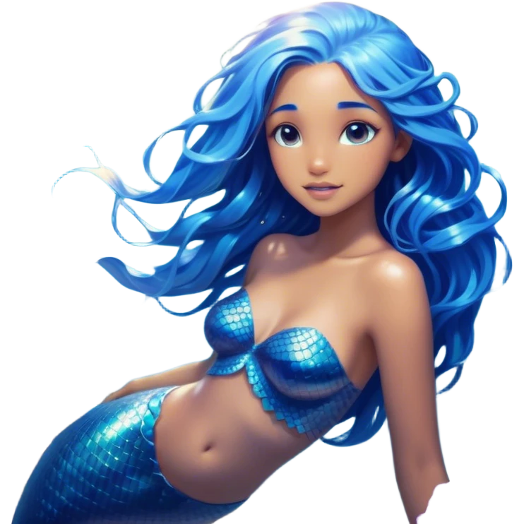 Cinematic Realistic Blue Hair Mermaid Portrait, depicted with lifelike, sun-kissed tanned skin that exudes a warm, radiant glow under gentle underwater lighting. Her intricately detailed, flowing blue hair cascades like a waterfall of ocean hues, framing deep, mesmerizing eyes that capture the vibrant spirit of the sea. Adorned with a shimmering tail and delicate tropical accents, the portrait features an enchanting underwater glow that blends realism with mythic coastal allure. emoji