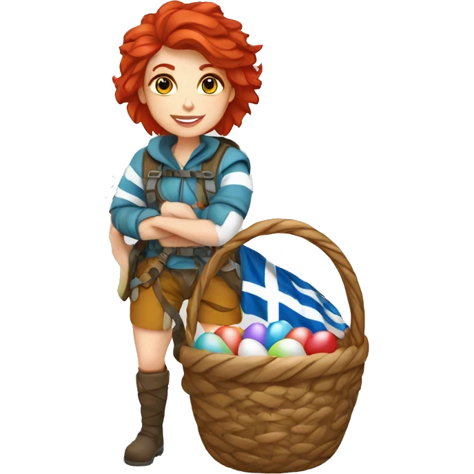 Female winter mountaineer red hair white skin climbing with Greek Flag and Easter eggs basket emoji