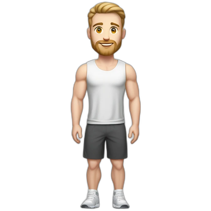 Full height Pale skinned fit man With biceps, Realistic eyes and mouth, light brown hair and stubble In dark gray sleeveless mike, black oversize sports shorts, watch and white sneakers. emoji