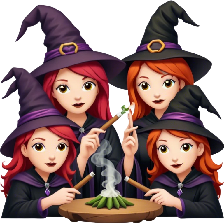 3 wise monkeys but red haired witches rolling a joint emoji