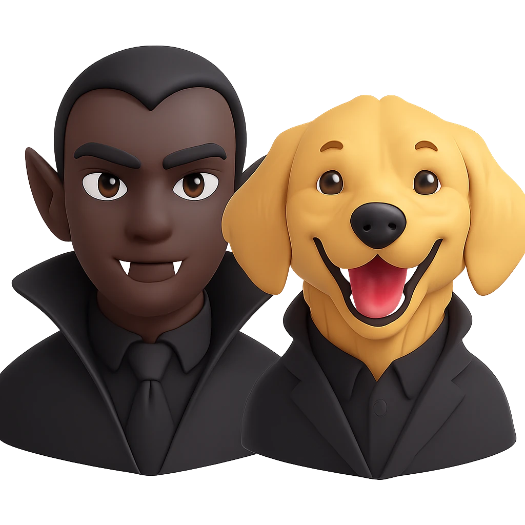 Change the vampire to have brown skin and dress all in black, keep the vampire on the left and the happy golden retriever on the right, preserve the 3D emoji style, keep the background transparent. The style to emulate is 3D emoji style with transparent background. emoji