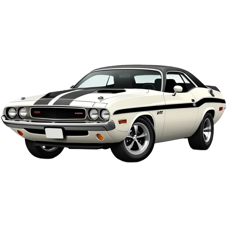 White 1971 Dodge Challenger muscle car with black racing stripes, minimalist style, vintage American muscle car, similar to the one from Death Proof movie emoji