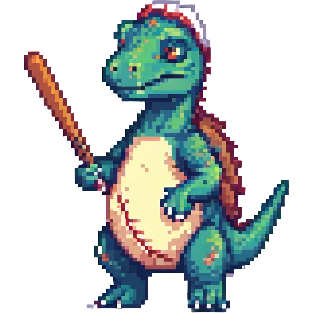 dinosaur with a baseball bat over its shoulder, pixel art style emoji