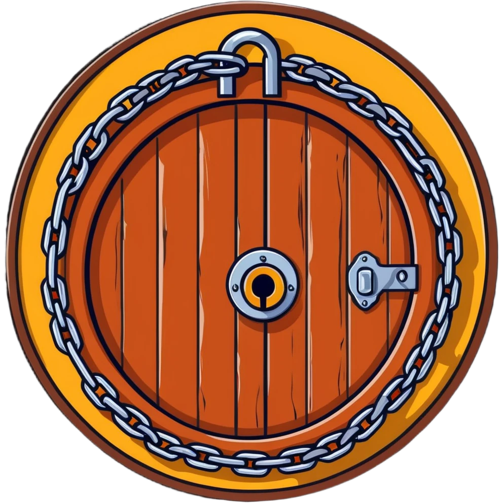 A rusty chain wrapped tightly around a round wooden hobbit-style door with a large padlock emoji