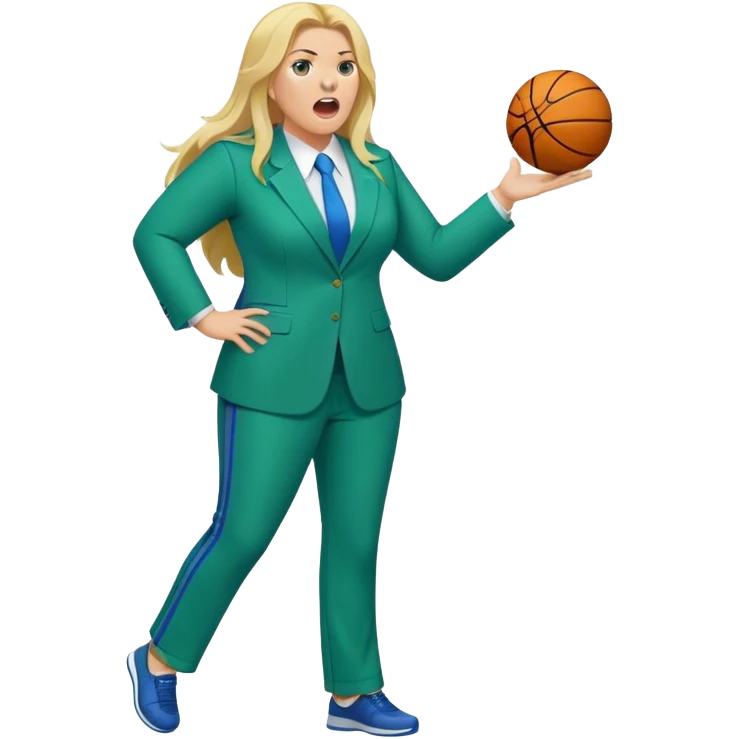 Full Body white plus size female basketball head coach yelling using a clipboard with long blonde hair in a blue and green suit emoji