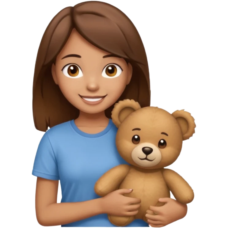 A Girl with Brown hair and Brown eyes with a t-shirt of a Teddy bear emoji
