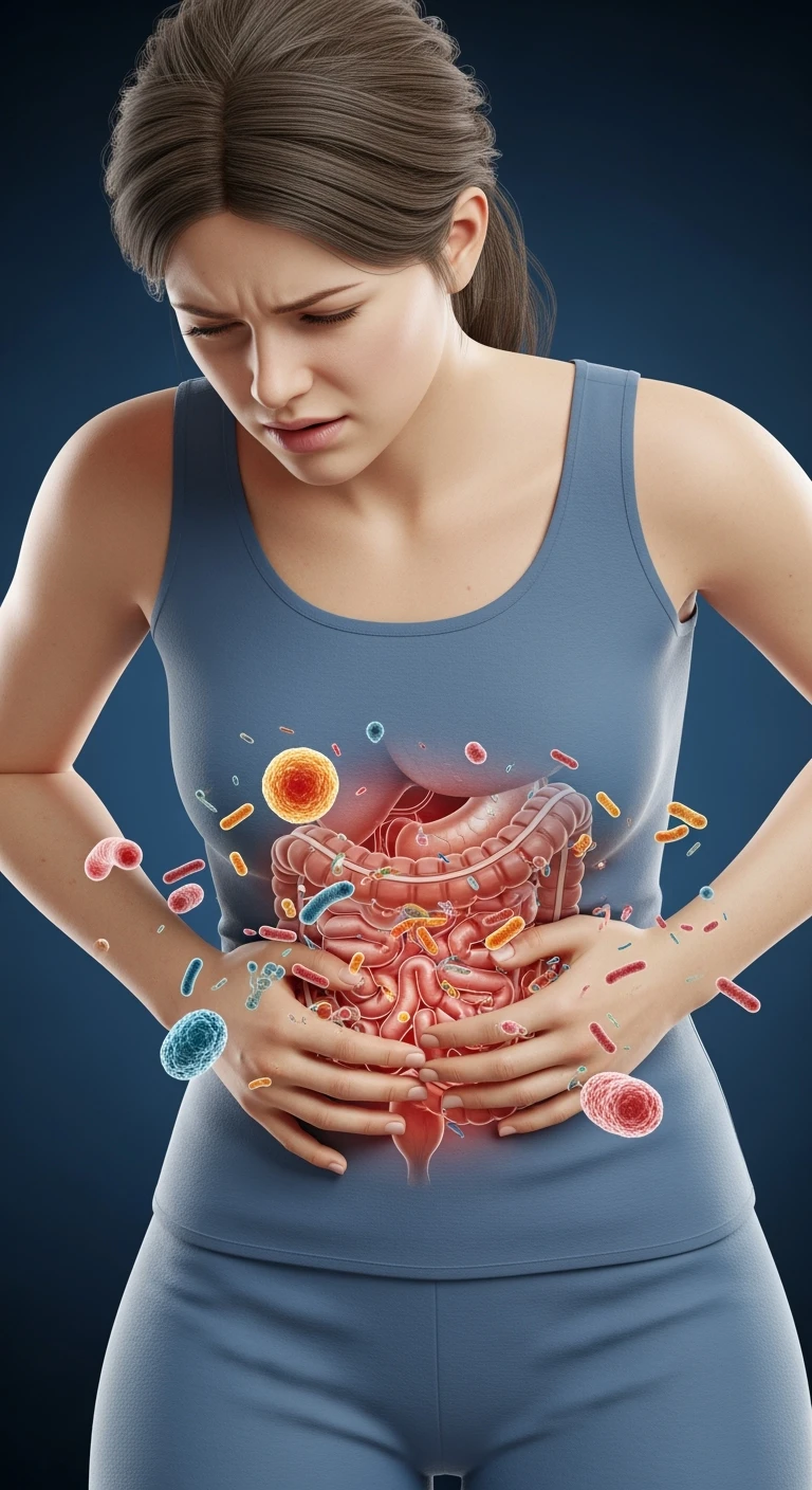 DONNA CON MAL DI PANCIA E INTESTINO UMANO ANATOMICO VISIBILE, BATTERI INTESTINALI FLUTTUANO INTORNO, IPERREALISTICO 4K emoji
