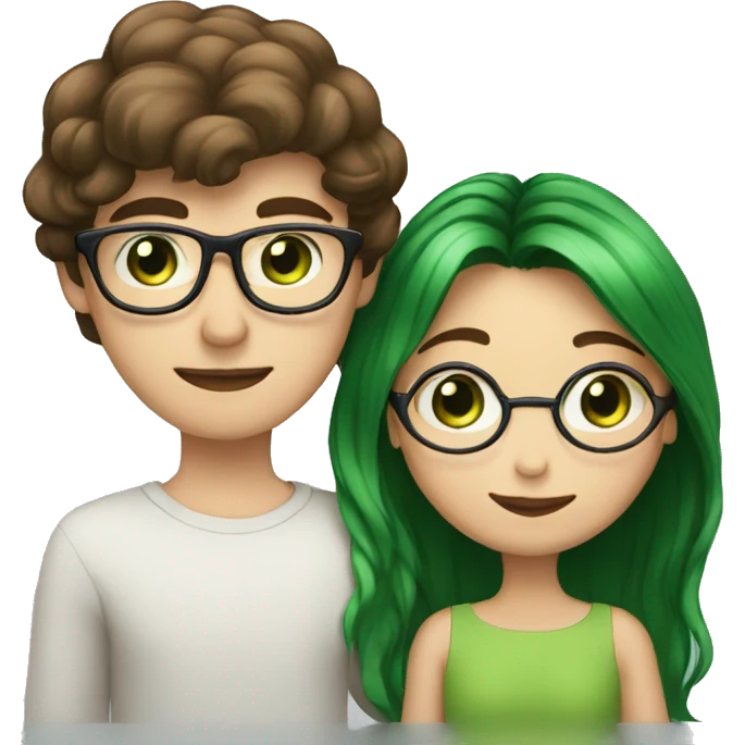 A heavy set boy with brown hair blue eyes and a mustache is kissing a green haired girl who is thin with green eyes and wearing glasses emoji