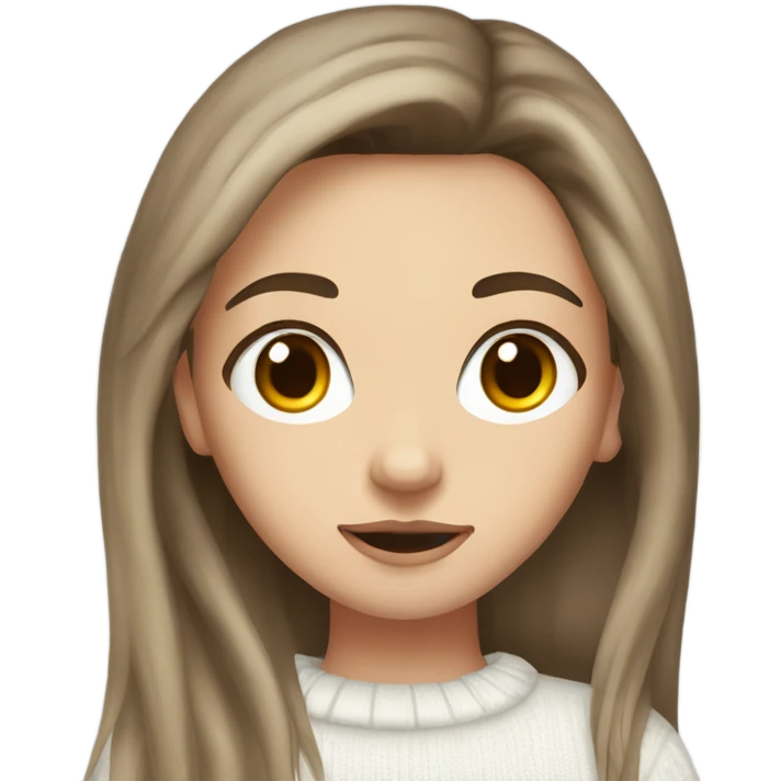 White brunette girl, brown eyes, long hair, just with a little bit of makeup and a white sweater  emoji
