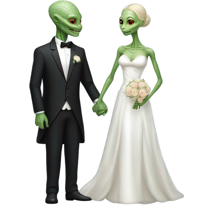 Alien reprilian woman in wedding dress and one humman man in a tuxedo holding hands getting married emoji