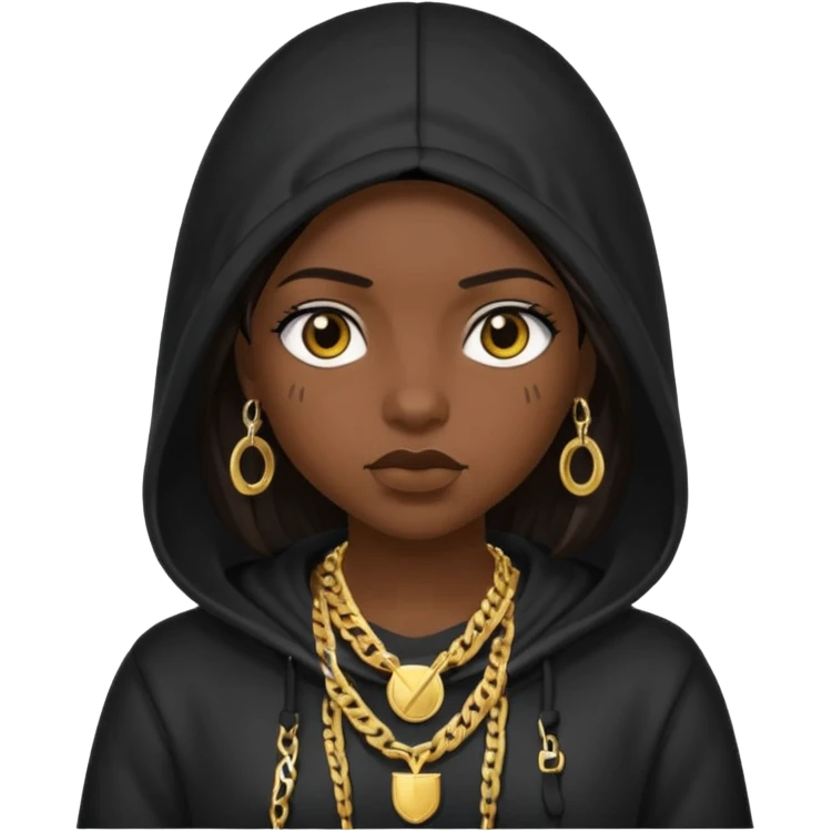 girl with a hood on with dark hair looking like a rapper emoji