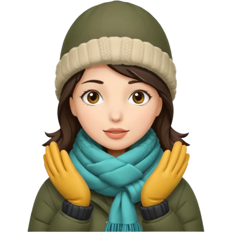 Brunette woman bundled up with parka, hat, scarf, and glvoes. The scarf covers her face  emoji