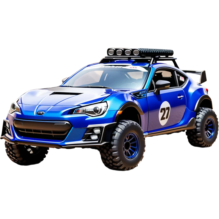 Rally race car Widened roof Long wheelbase widened pearly midnight satin dark blue  2025 Subaru brz off-road racer chrome nerf bars,side steps mounted under-door-sill climbing rock sliders, and silver satin wheels  emoji