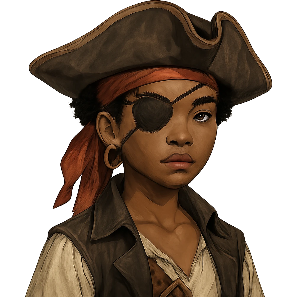 lightskin African American girl pirate with a scar, an eye patch on the right eye, an eyebrow slit, and a small curly black afro emoji