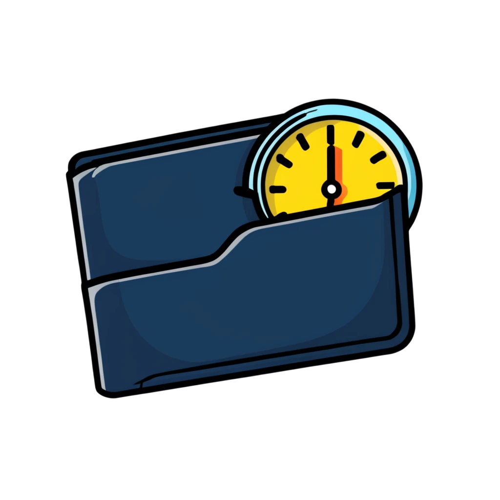 wallet with a zooming clock with motion blur in top right corner, clock with speed streaks, speedometer-style clock showing fast service emoji