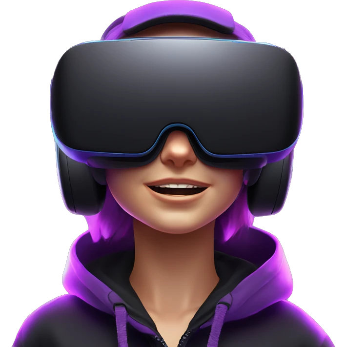 Russian girl wearing black hoody with violet letters "OMG", in vr headset oculus quest2. Dancing. Cyberpunk style. Violet neon. emoji