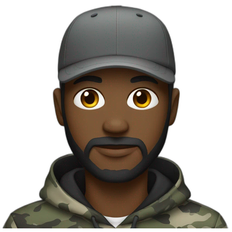 black man with a beard, gray camo hat, black pullover  hoodie emoji