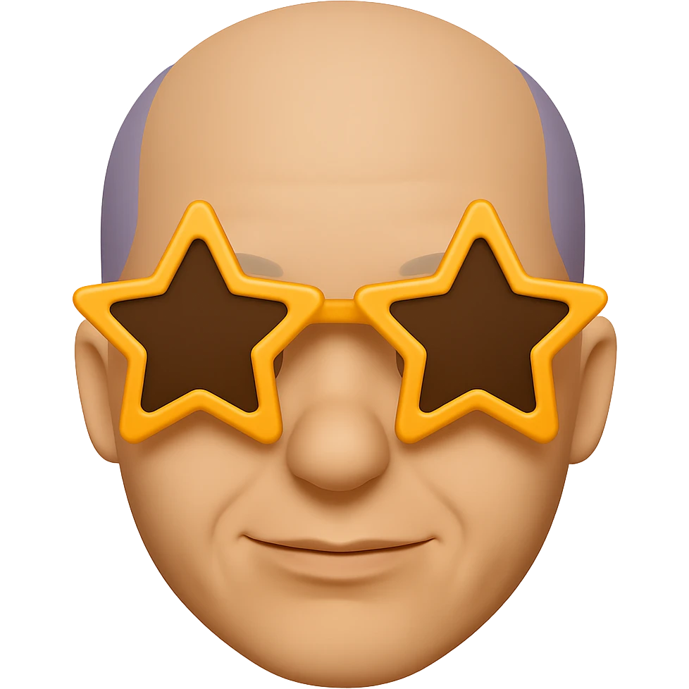 A bald guy wearing star-shaped sunglasses in the style of apple emojis, with no background, clean and crisp apple emoji style look. emoji