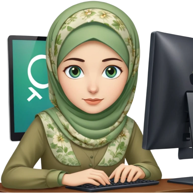 Turkish beautiful finish Konya girl blue eyes and green khaki hijab and light green floral dress and she work on office with computer emoji